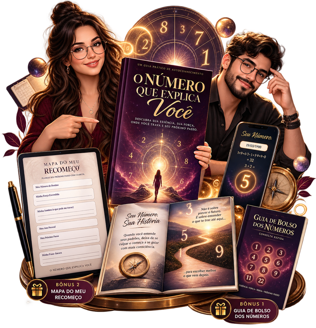 Mockup do livro O Número que Explica Você com bônus, mapa do recomeço e guia de bolso dos números
